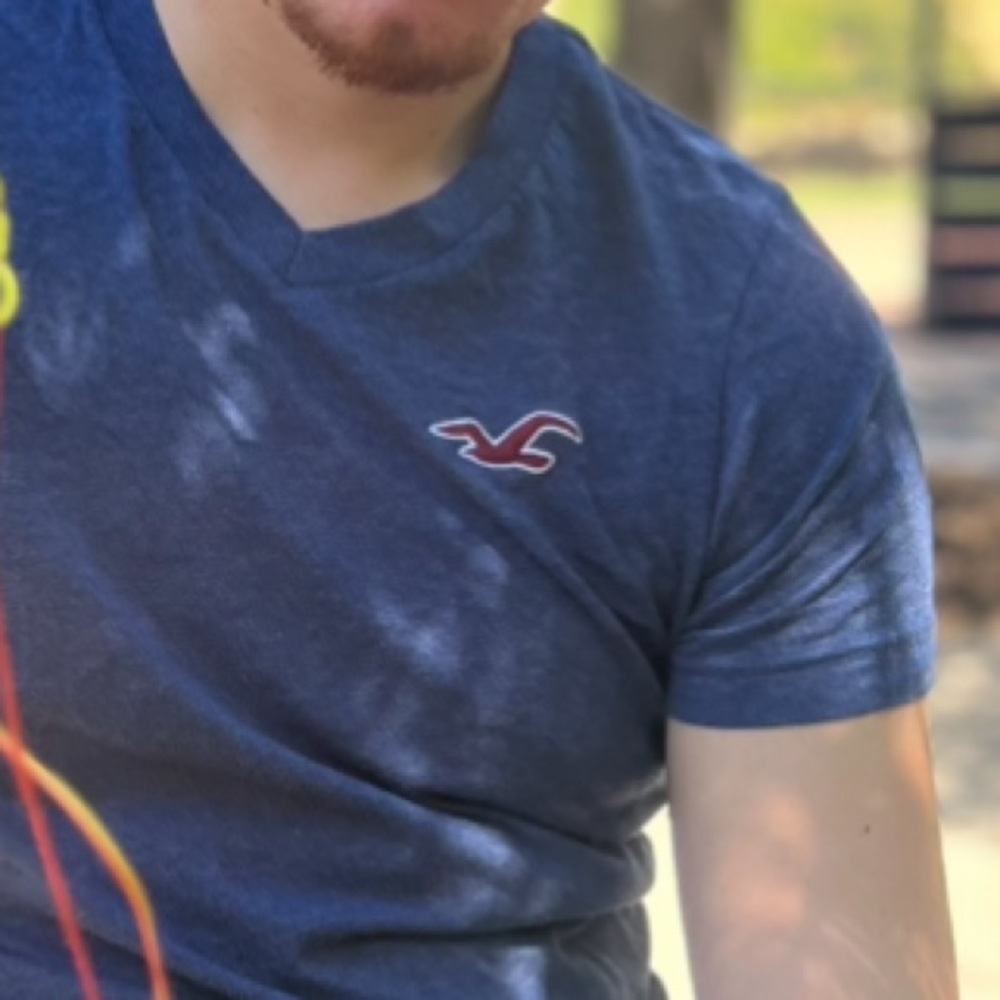 HOLLISTER MEN V NECK T SHIRT NAVY BLUE SEAGULL LOGO EMBROIDERED RED WHITE ACTIVE